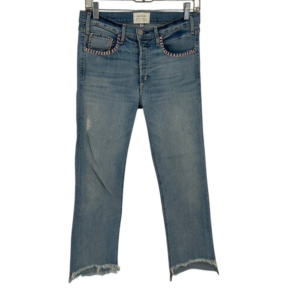 McGuire Denim Embroidered Straight Leg Step Hem Denim Jeans Size 28 Distressed